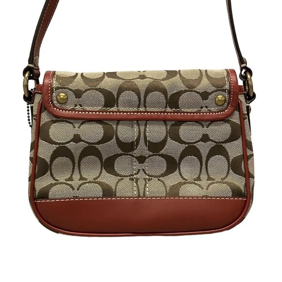 Auth COACH Signature Cricket Shoulder Bag 10566S Khaki Red Jacquard Leather - Picture 2 of 16